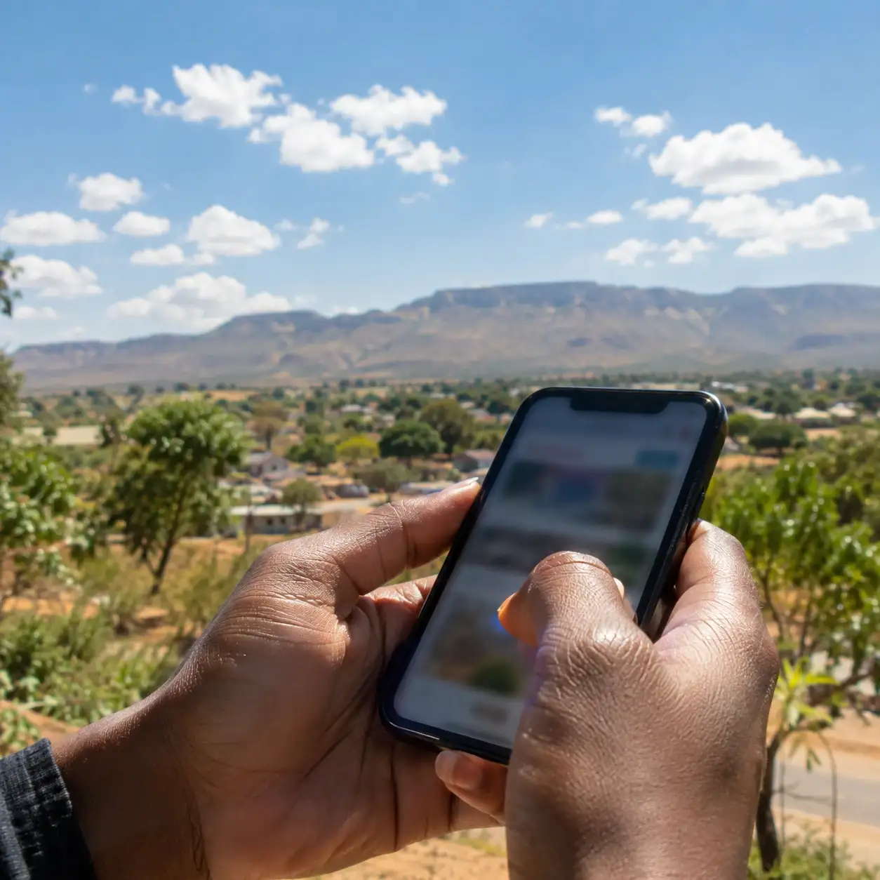 Hands holding a phone with the Waterberg mountains in the distance