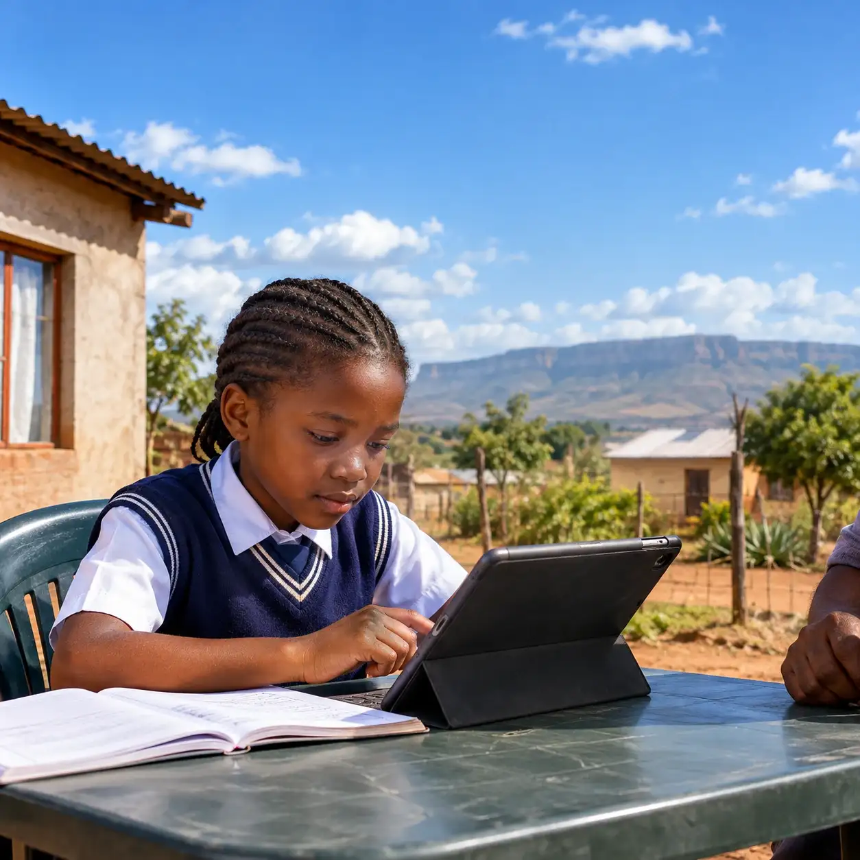 A schoolgirl doing homework on a tablet outside her home