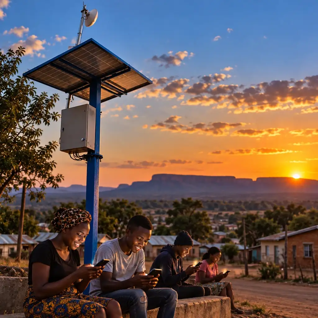 Friends using their phones outside at sunset, with the Waterberg mountains behind them