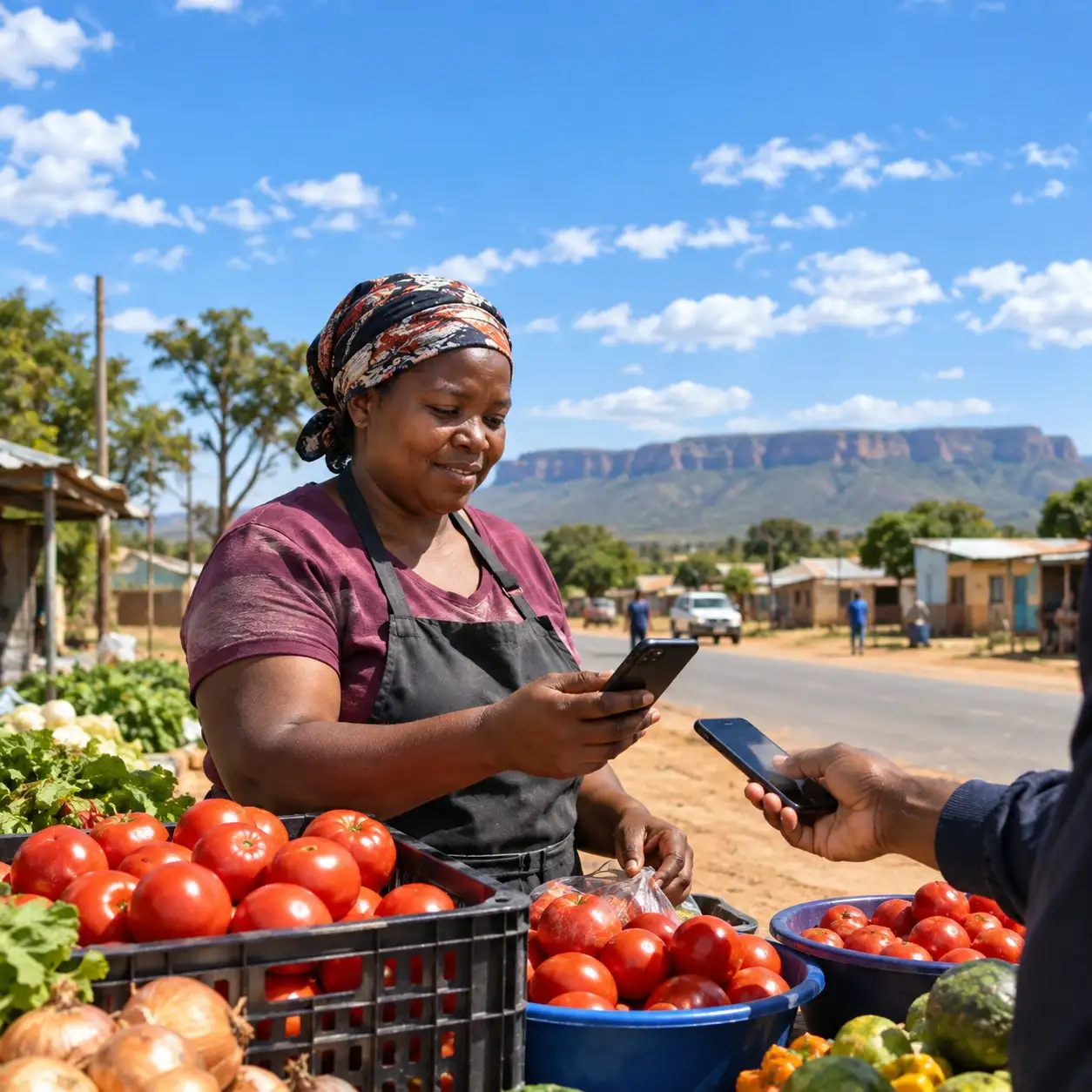 A market vendor using her phone at her vegetable stall